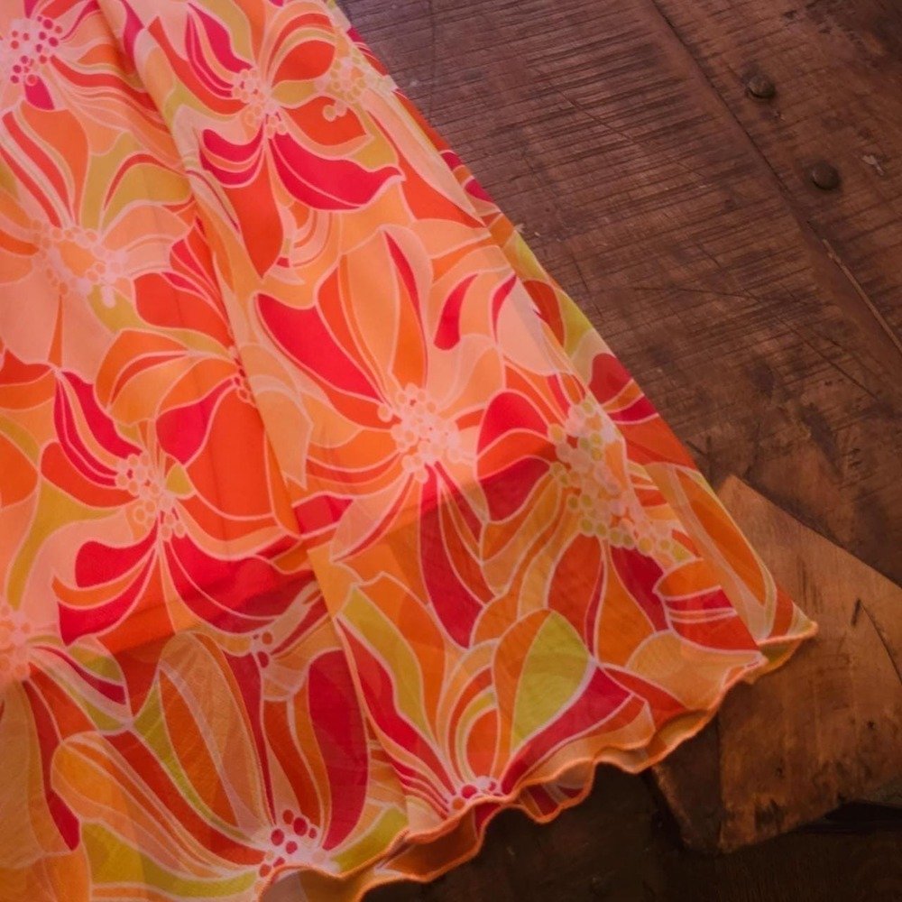 Y2K Early 2000s Orange & Pink Floral Print Dress Ruffle Summer Sun Dress Vintage - Picture 8 of 8